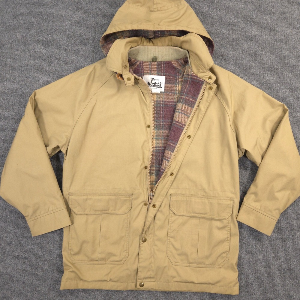 Vintage Woolrich Mountain Parka Jacket Mens M Khaki Plaid Wool Lined Made In USA